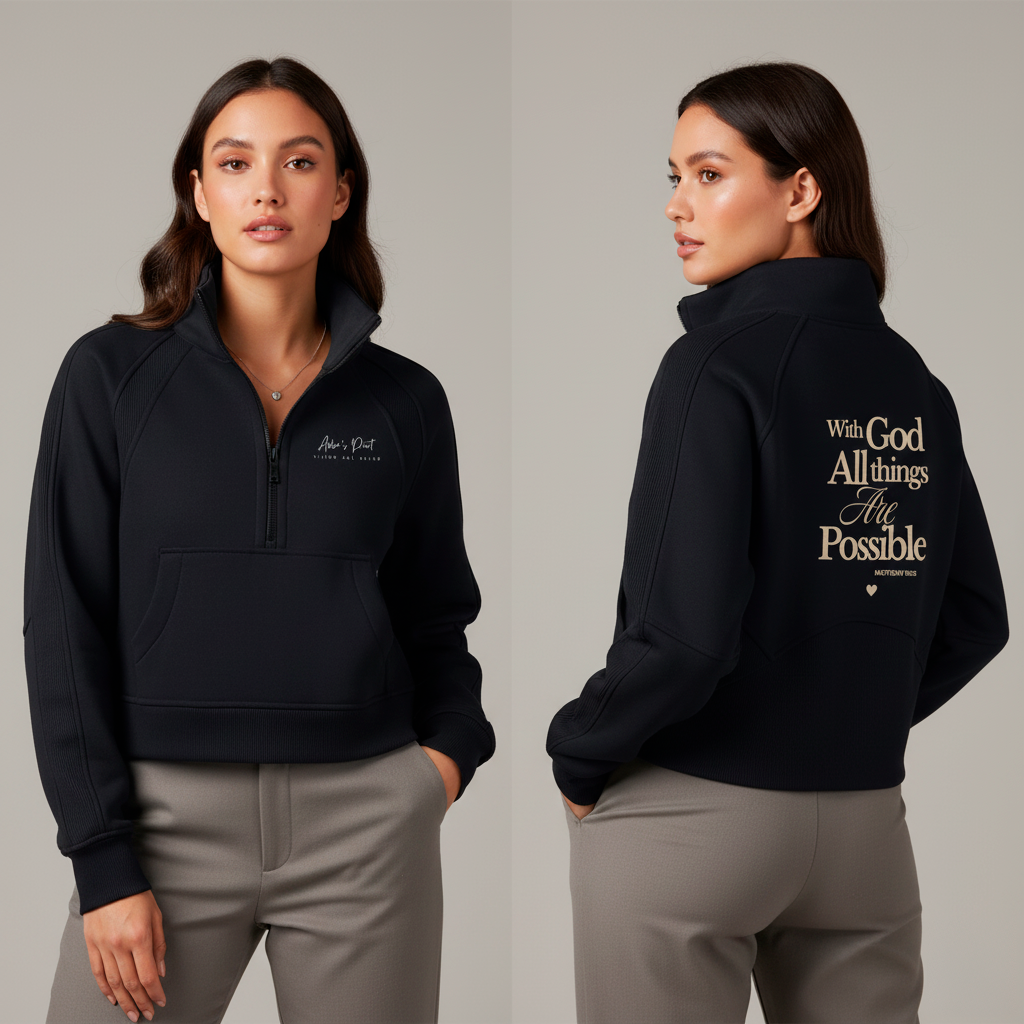 Abba’s Print Vision Del Reino. with God all things Are Possible Matthew 19:26 Cropped Half-Zip Sweatshirt